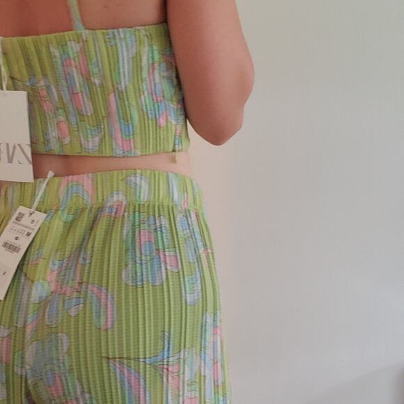 ZARA 2 Piece Set Lime Green Floral Crop Top & Pleated Trousers Size Large - Picture 6 of 8